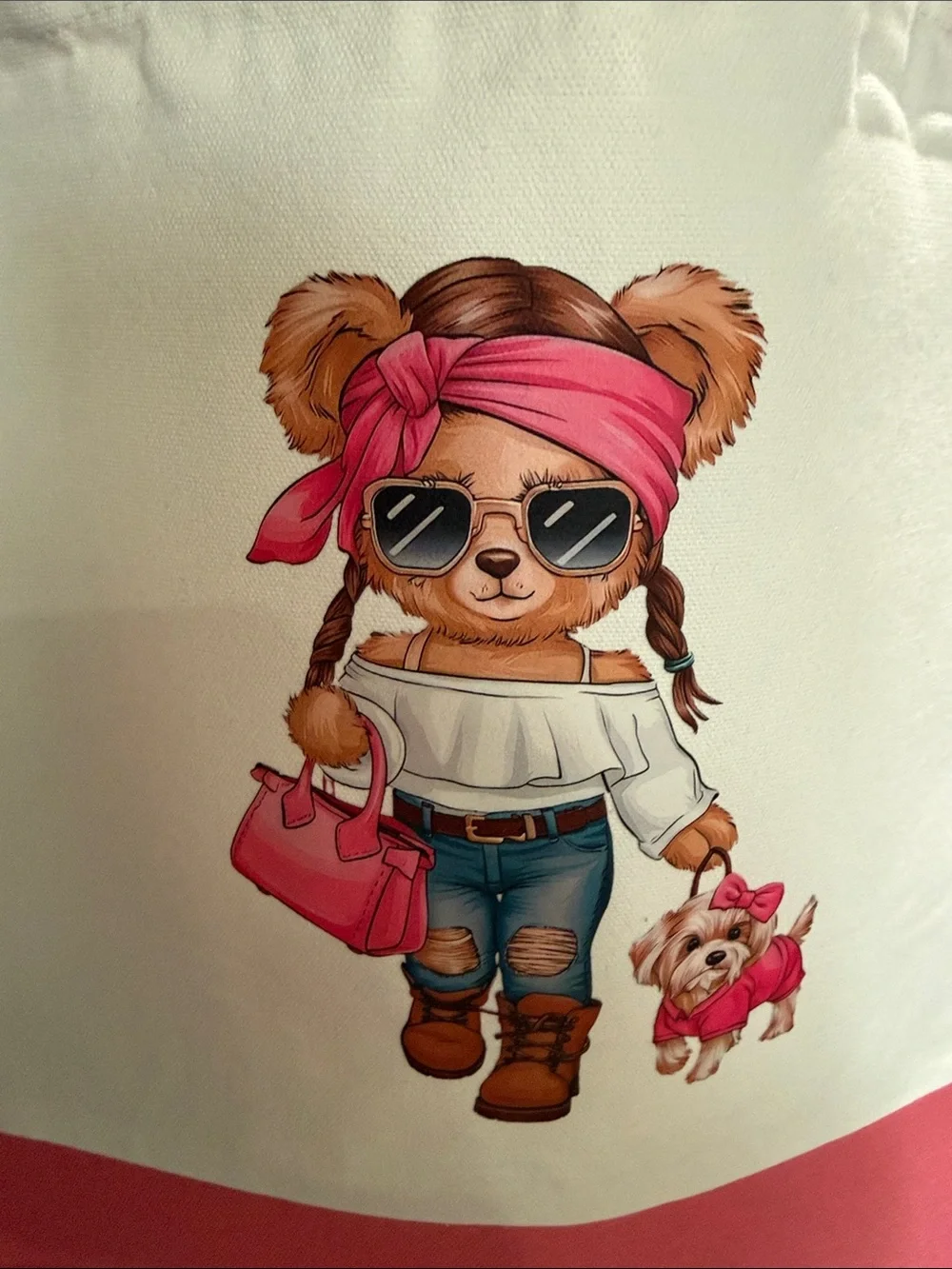 White & Pink Canvas Tote with Cute Dog Graphic - Picture 3 of 6